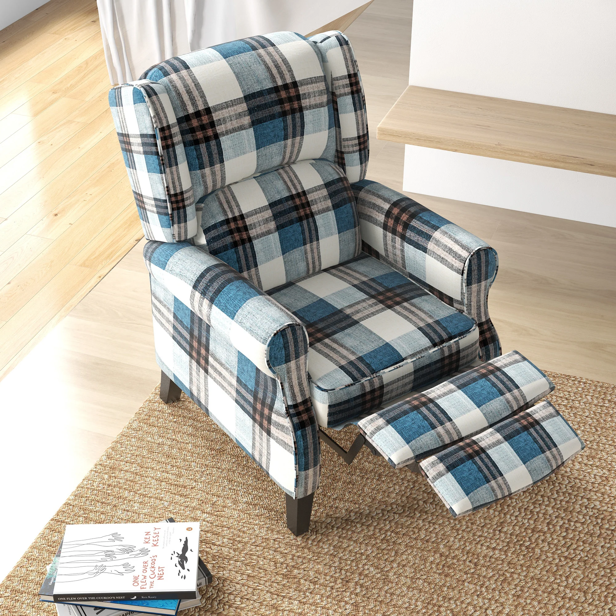 Wingback Reclining Chair with Footrest & Round Armrests for Living Room, Blue - Image 9