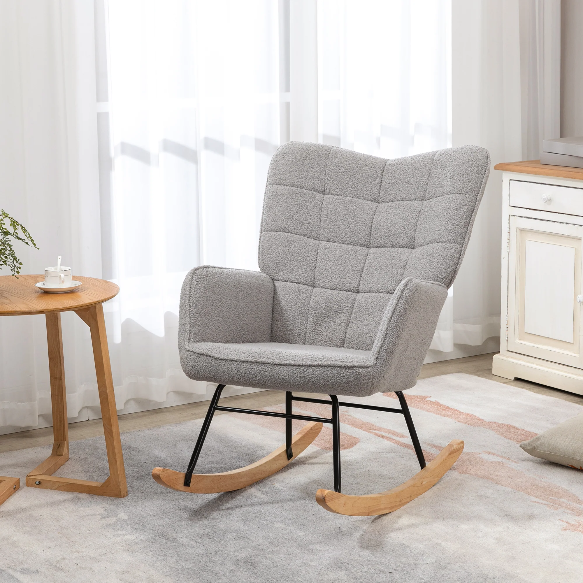 Wingback Rocking Chair for Nursing, Berber Fleece Modern Armchair for Living Room, Light Grey - Image 3