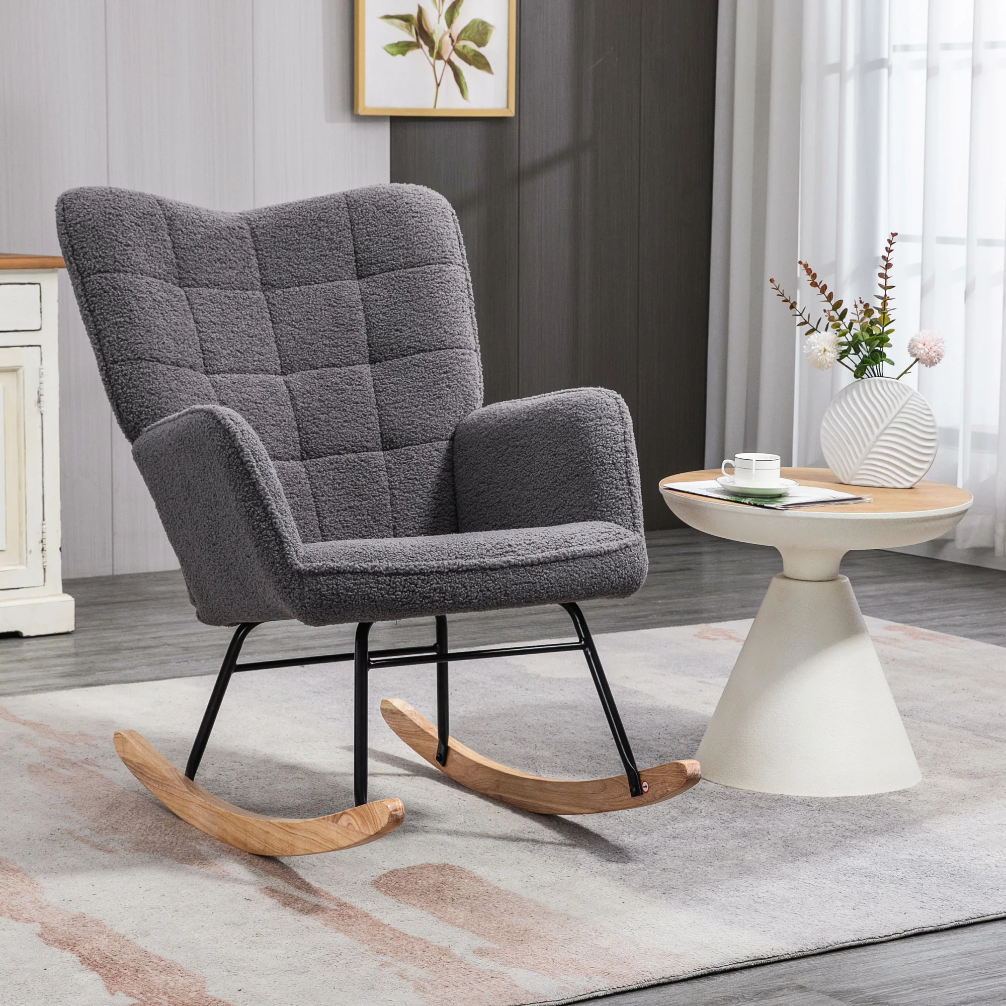 Wingback Rocking Chair for Nursing, Berber Fleece Modern Armchair for Living Room, Dark Grey - Image 3