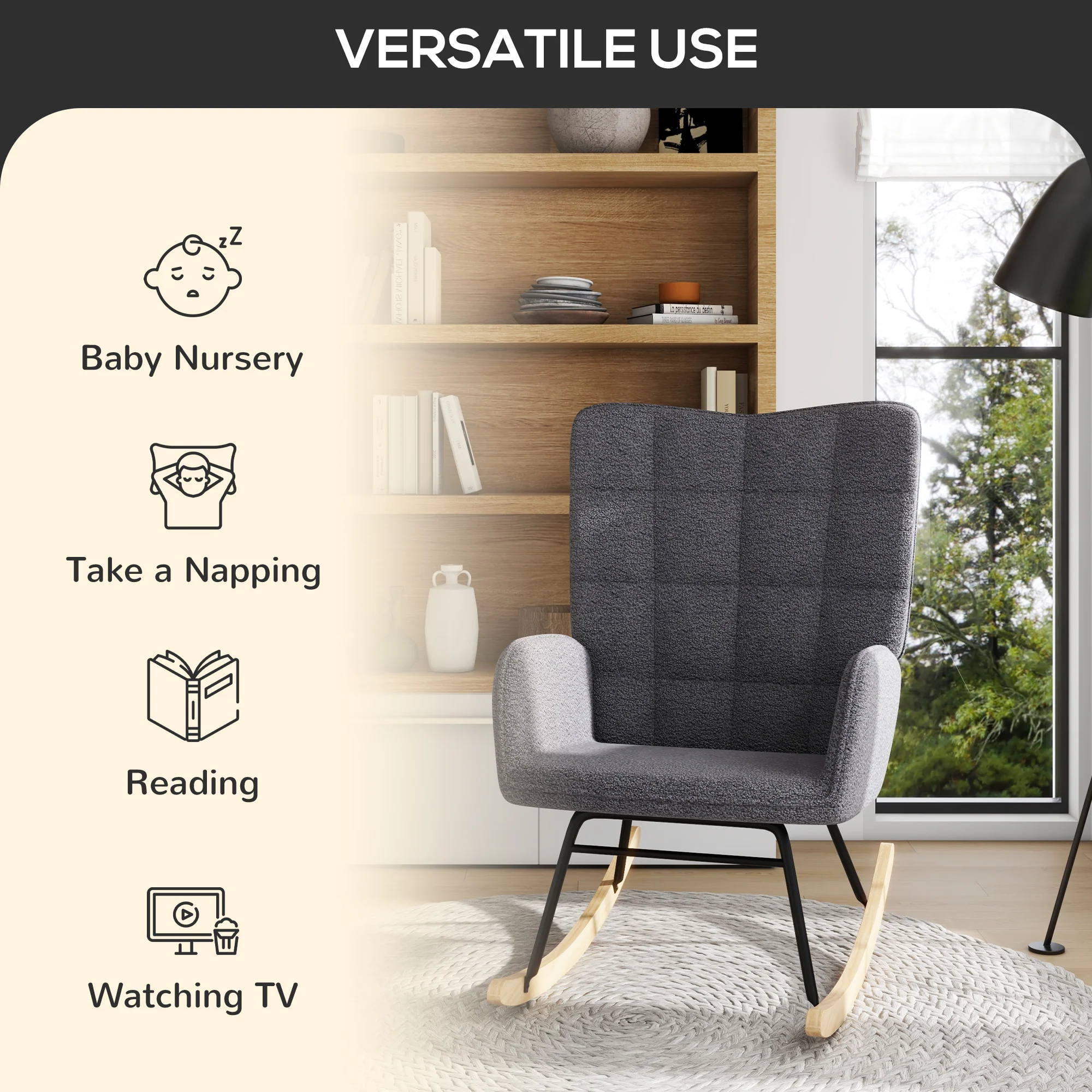 Wingback Rocking Chair for Nursing, Berber Fleece Modern Armchair for Living Room, Dark Grey - Image 8