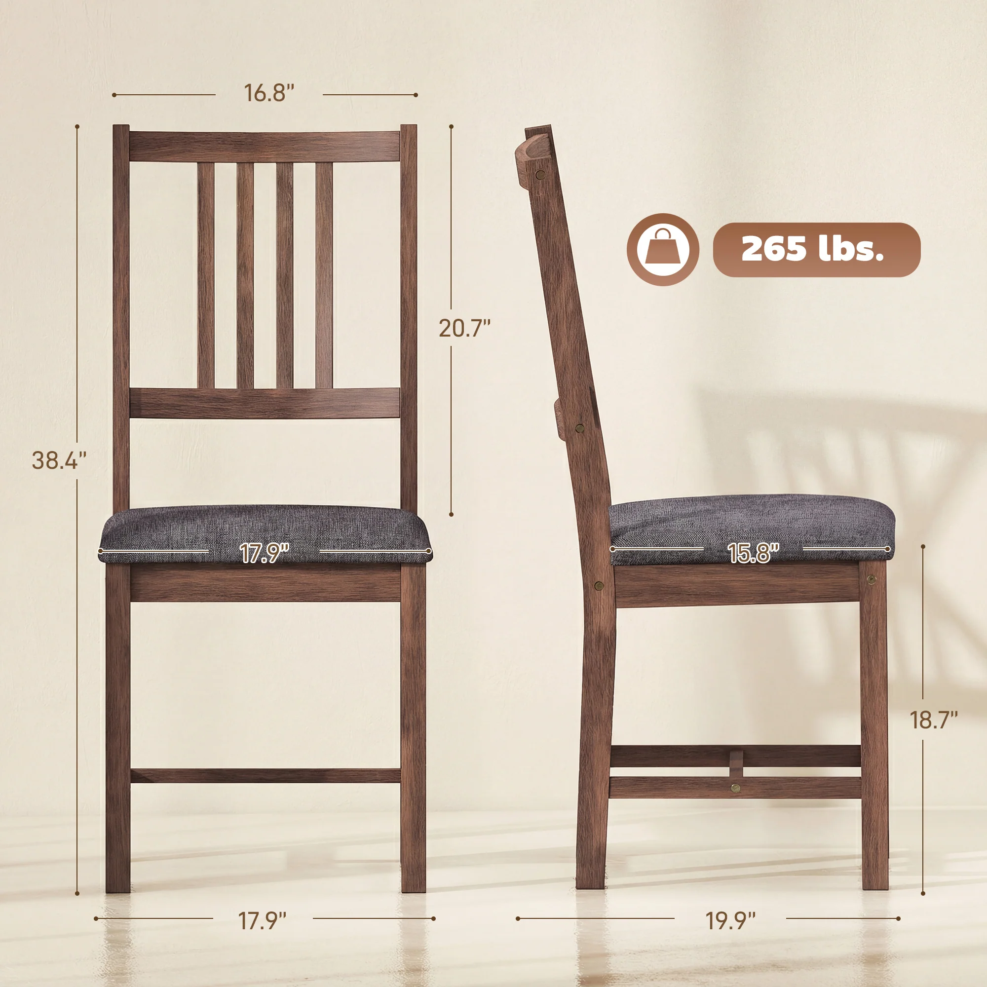 Set of 2 Upholstered Slat Back Kitchen Chairs with Rubberwood Legs, Gray - Image 5