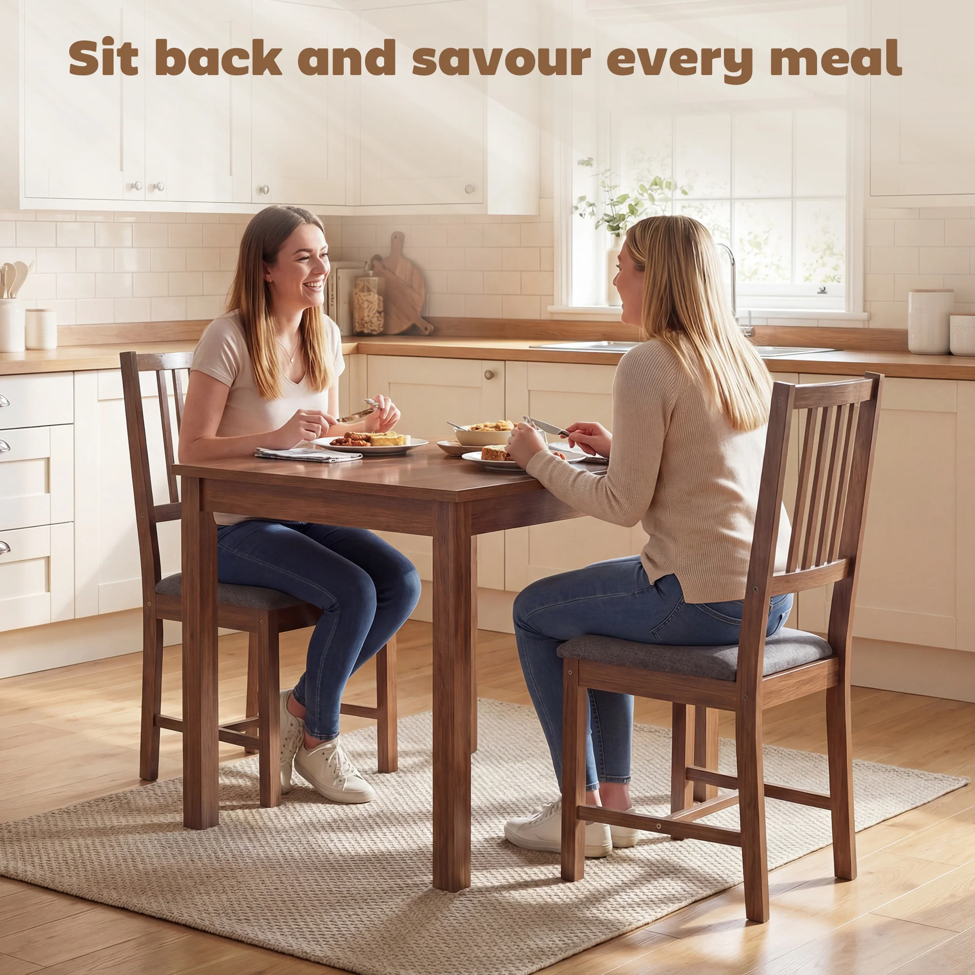 Set of 2 Upholstered Slat Back Kitchen Chairs with Rubberwood Legs, Gray - Image 6