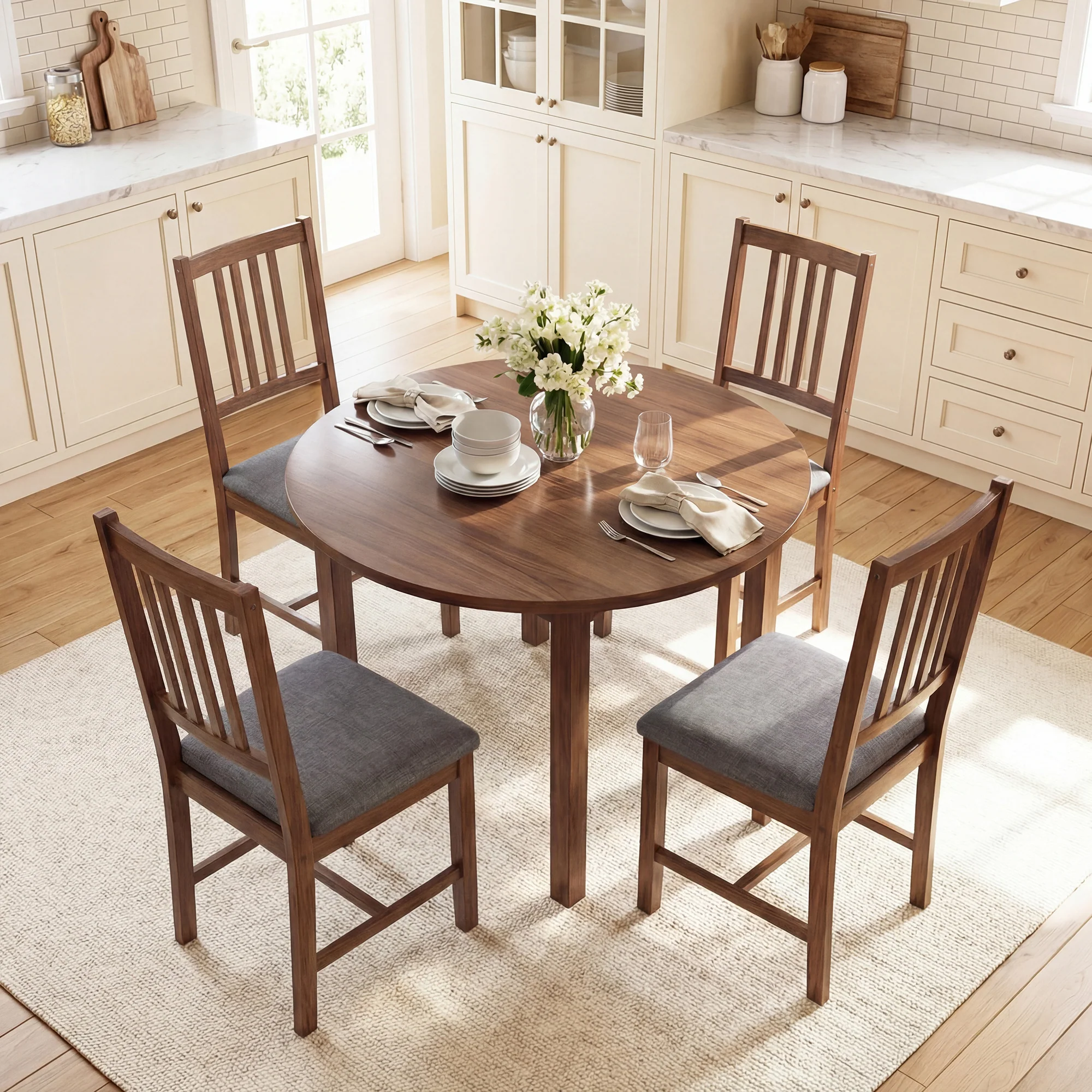 Set of 4 Upholstered Slat Back Kitchen Chairs with Rubberwood Legs, Gray - Image 11