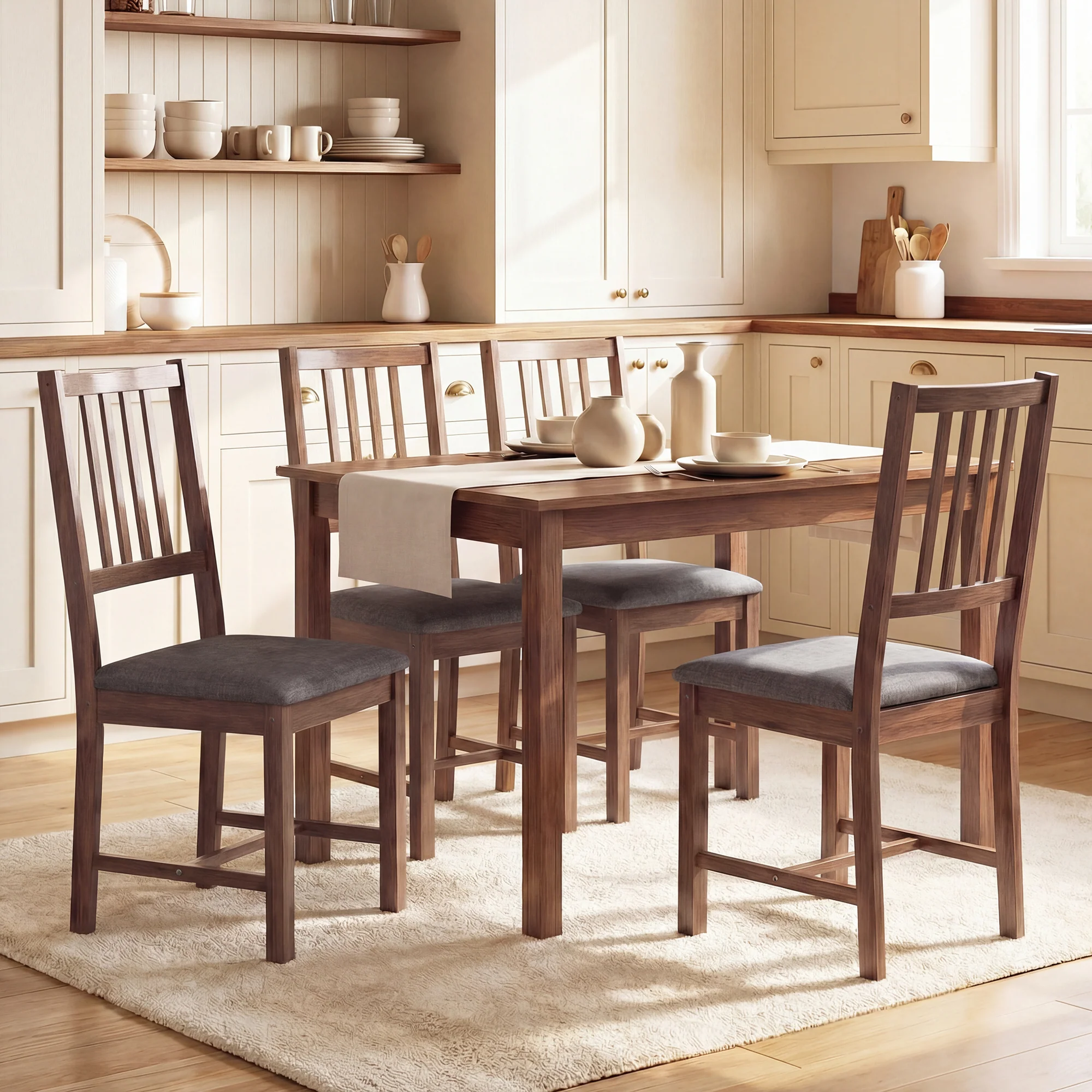 Set of 4 Upholstered Slat Back Kitchen Chairs with Rubberwood Legs, Gray - Image 4